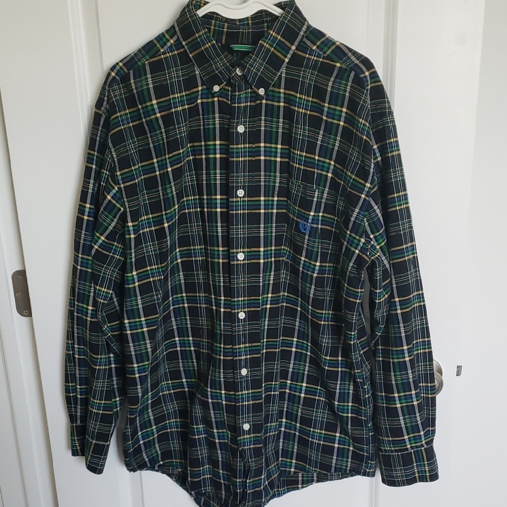 Chaps Navy and Green Plaid Button-Down Shirt